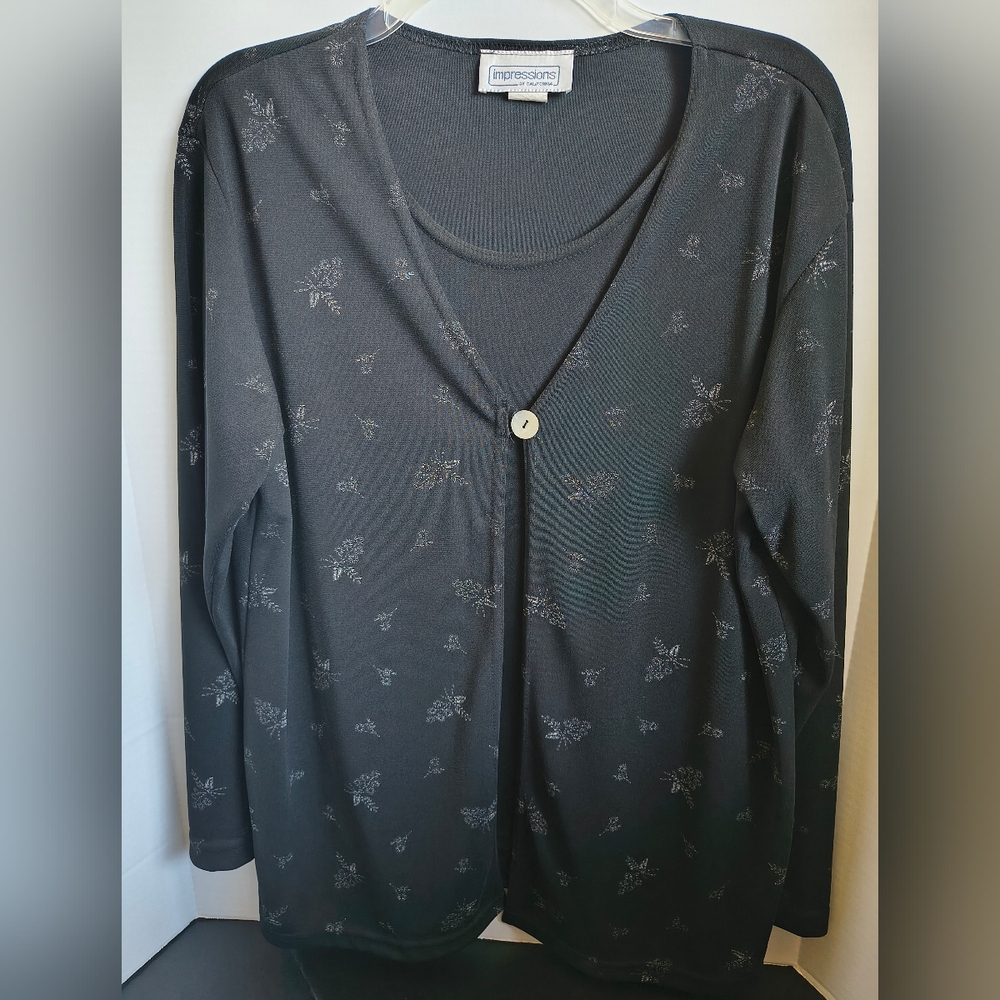 Black Long Sleeve Layered Top with Subtle Floral Print